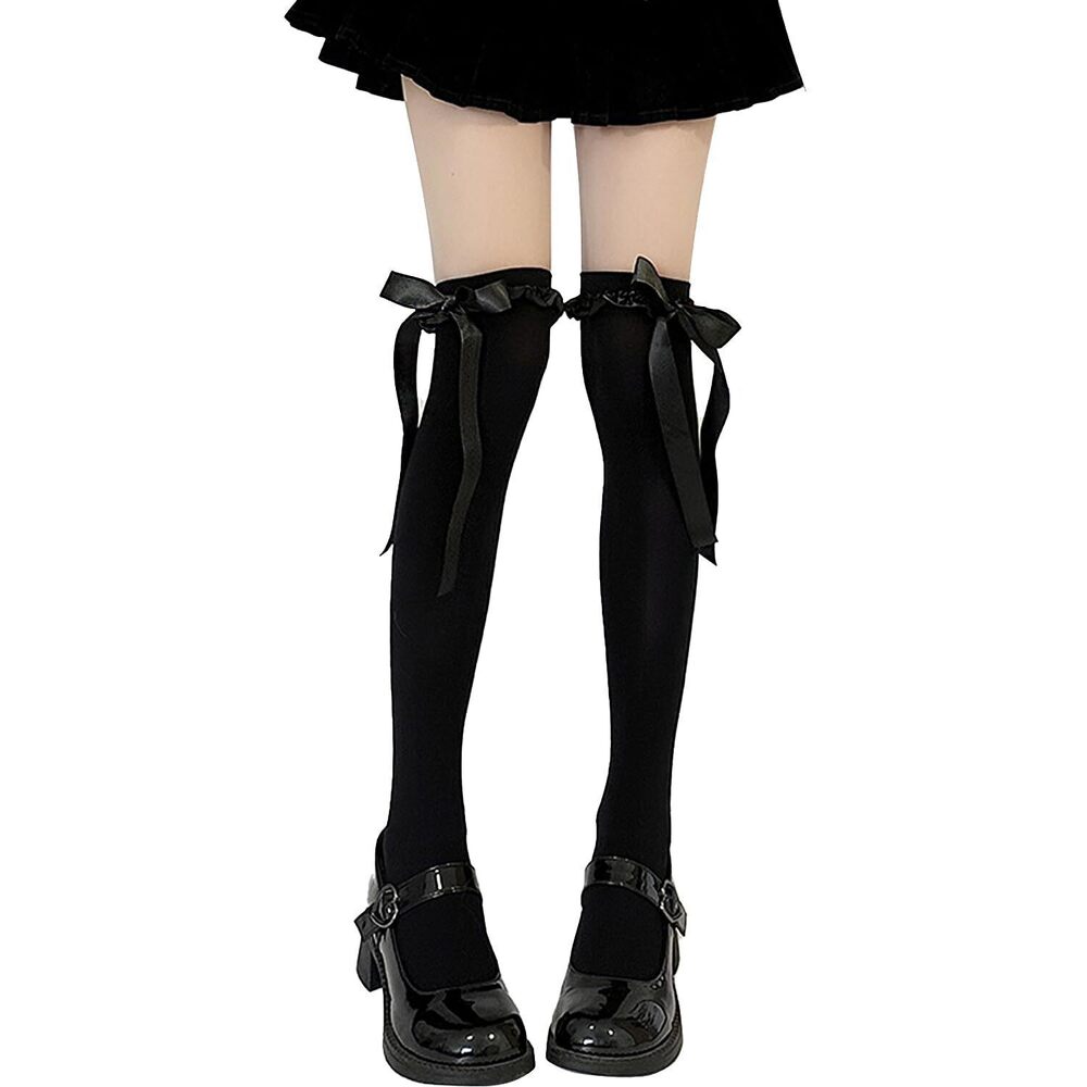8674 Thigh High Stockings with Bow, Sheer Socks with Lace Brim Tights